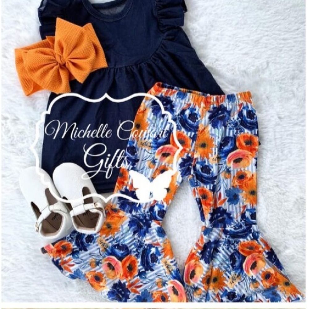 2pc Girls Boutique Outfit set, Floral Flair Bell Bottoms with Denim Ruffle Top